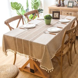 ENOVA HOME Elegant Rectangular Thicken Cotton and Linen Tablecloth with Tassels Dust Proof Table Cover for Kitchen Dinning Tabletop Decoration (Khaki, 54"x 78")