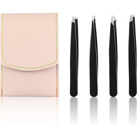 LuckyOpt 4pcs Precision Tweezers Set, 430 Stainless Steel Tweezers with PU Leather Storage Bag, Slant Flat Eye Brow Tweezers for Women Facial Hair, Eyelash Extension, Eyebrow Plucker (Pink)