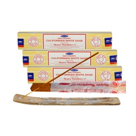 Satya White sage Incense Sticks, Satya sai Baba Insenses 15gmx3 (45 gm) Pack with Raajsee Incense Holder Bundle, Satya Nag Champa Natural Incense