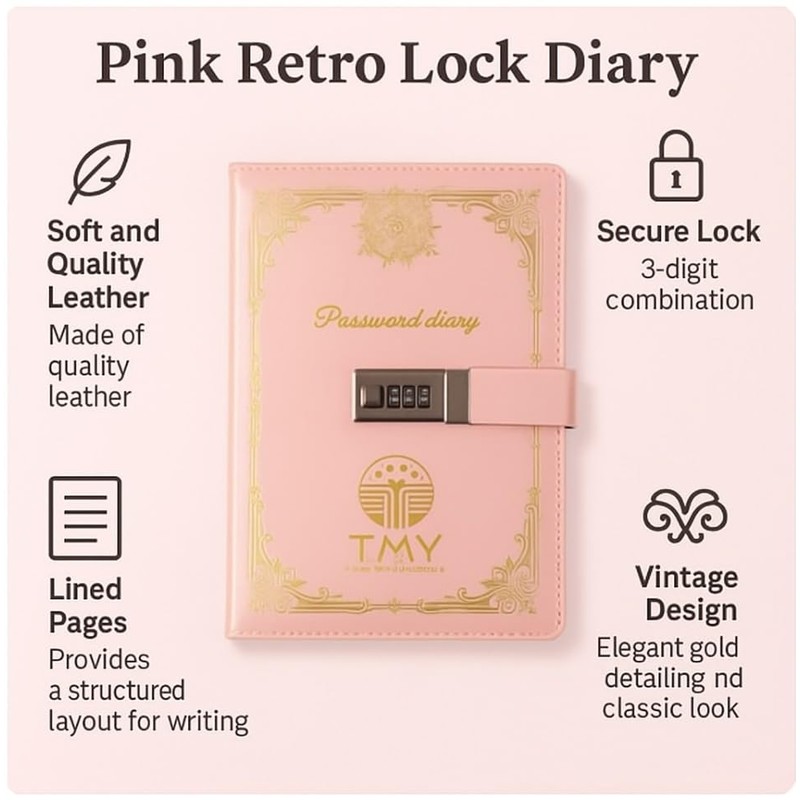 TMY Pink Lock Diary with Combination Lock – A5 Retro