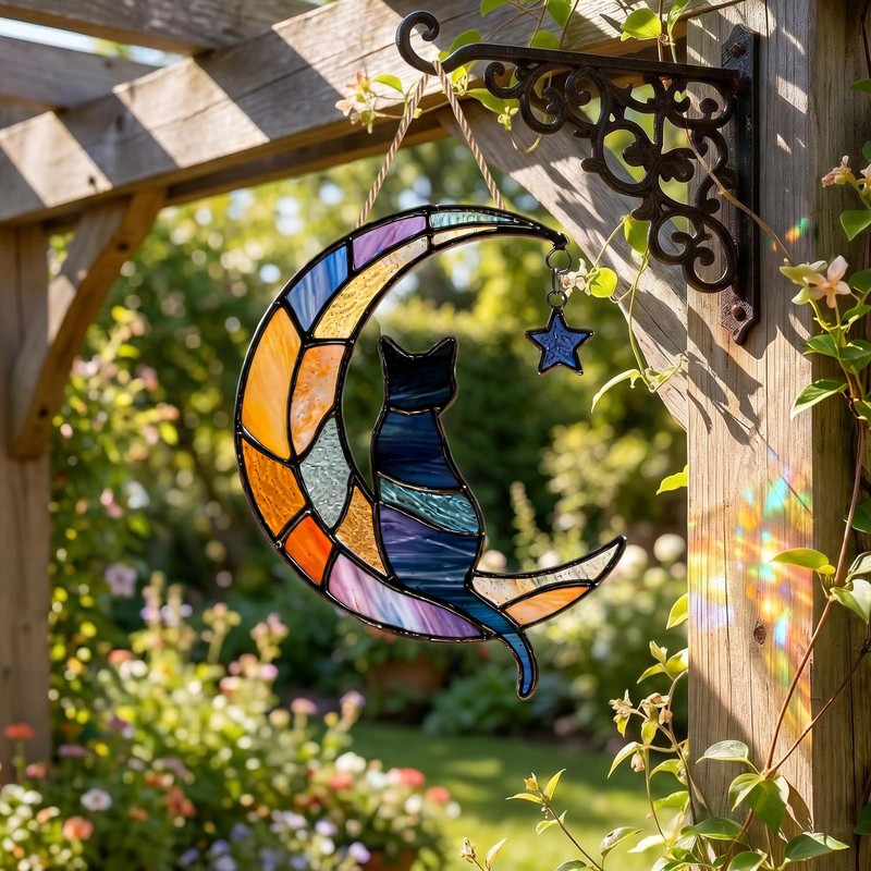 Black Cat on The Moon Sun Catcher, Hanging Garden Ornaments