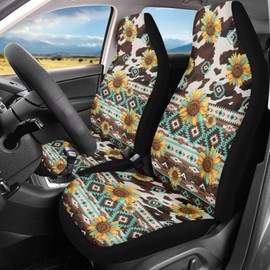 Salabomia Aztec Cow Print Car Seat Cover, Stretchy Sunflower Car Seat Protector Cover for Women, Comfortable 2 Piece Car Seat Covers Universal Fit for Most Vehicle Cars, Brown