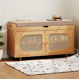 Rattan Shoe Storage Bench Entryway Bench with Storage, Shoe Bench Shoe Cabinet Storage for Entryway, Shoe Rack Bench Shoe Organizer Cabinet with Cushion for Entrance, Hallway, Living Room, Bedroom