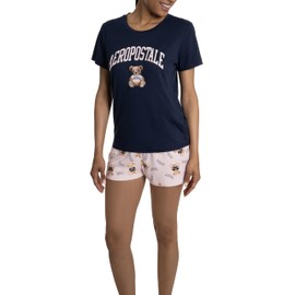 Aeropostale Women's Sleeve and Boxer Shorts 2pc Pj, Navy Blue Bears