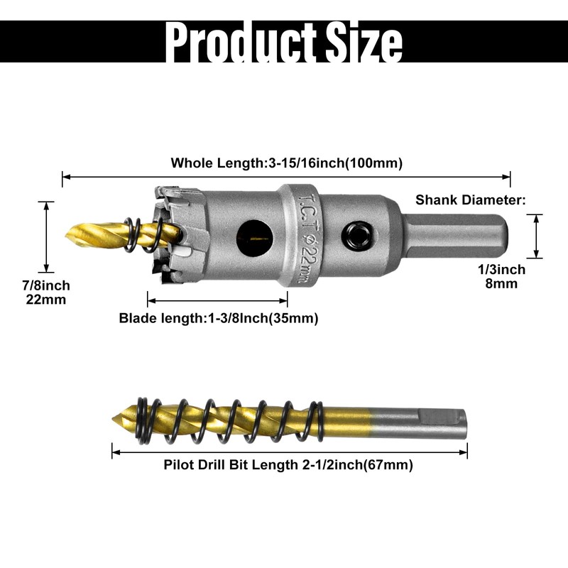 SALI 7/8" (22mm) TCT Hole Saw Kit Tungsten Carbide Tipped