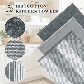 Homaxy Premium Kitchen Towels 18"x28", 6 Pack Large Cotton 380 GSM Dish Towels, Highly Absorben Flat & Terry Kitchen Hand Towels, Soft Utility Tea Towel Set with Hanging Loop, Grey