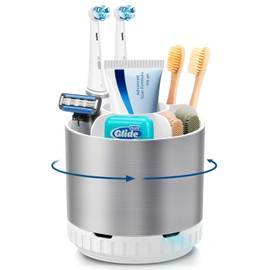 GFWARE Silver Toothbrush Holders for Bathrooms Countertop Organizer - Kids Electric Toothbrush and Toothpaste Holder Rotating Tooth Brush Organization Bathroom Sink Accessories Storage Caddy