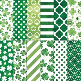FYSUIMU 12Pcs St. Patrick's Day Cotton Fabric Bundles Watercolor Shamrock Clover Dot Stripe Fat Quarters White Green Irish Holiday Sewing Fabrics for DIY Craft Party Decor, 18 x 22 Inch