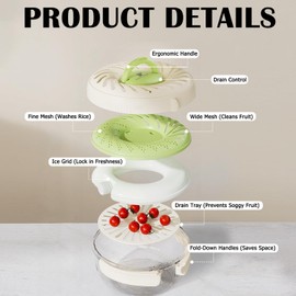 onaner Dual Mesh Colander Bowls Set (2 Sizes),Produce Keeper with Ice Tray & Collapsible Handles,Storage Container,Fruit Washer Basket,Vegetable Washing Bowl with Drainer Lid,Green