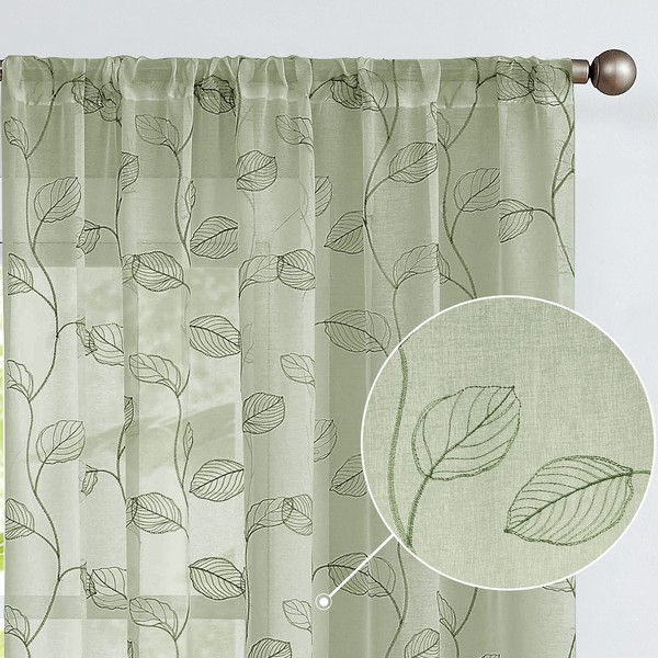 Sheer Curtains for Bedroom Rod Pocket Embroidered Leaf Window Curtains