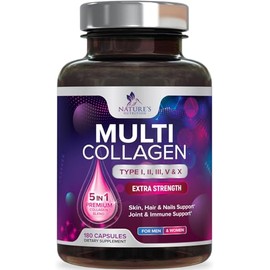 Nature's Nutrition Suplemento de colágeno multivitamínico de 2400 mg (tipos I, II, III, V y X). Píldoras de péptidos de colágeno multivitamínico para mujeres y hombres. Suplementos de colágeno hidroli
