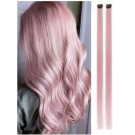 2 x Clip-In Hair Extension Highlights Streaks, Colourful Hair Highlights Pastel (Pale Pink x 2)
