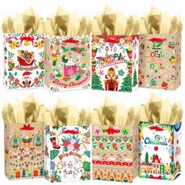 qiqee Christmas Gift Bags Set of 8 - White Bags with Angel Design(8PCS with different patterns, 24PCS Tissue Paper as a gift, Medium Size 4.3"x 7.7"x 9.6")