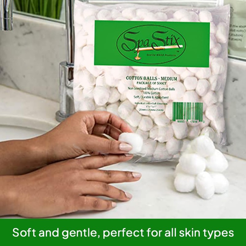 Spa Stix Cotton Balls. 500 Count Medium Size. Non Sterile