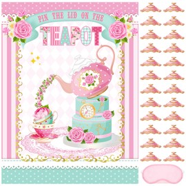 Faccito Tea Party Games Pin The Lid on The Teapot with 24 Lid Stickers Pink Blindfold Floral Poster Pin Games Set Birthday Decorations for Women Let's Par Tea Birthday Party Activity Supplies