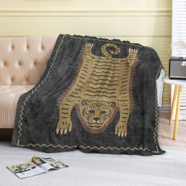 coedoaes Tiger Rug Style Fleece Blanket,50x60in,Oriental Vintage Inspired Black Throw Blankets,Soft Cozy Lightweight, Ideal for Bed Living Room Home Cool Meditation Cool Decor,Adults Gifts