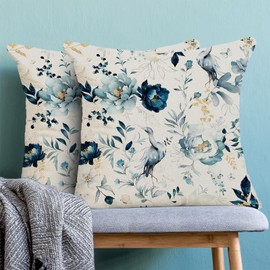 AEIOAE Spring Pillow Covers 20x20 Inch Set of 2,Navy Blue Aqua Teal Vintage Flower Bird Throw Pillows Case,Seasonal Floral Outdoor Decorative Linen Farmhouse Decor Cushion Covers for Sofa Bed Couch