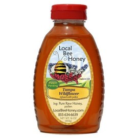 Local Bee Honey - Pure Raw Unfiltered Unheated Local Tampa Wildflower Honey, 16oz (infused with pollen)