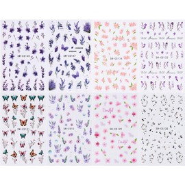 8pcs 3D Pink Purple Flower Nail Stickers for Women Spring Summer Floral Butterfly Nail Decals for Nail Art Supplies Cherry Blossom Lavender Flower Stickers for Nails Flowers Fingernail Sticker Set