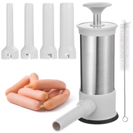 Sausage Stuffer with 4 Stuffing Tubes, 1.5 L Sausage Maker, Stainless Steel Manual Sausage Stuffer, Vertical Design, Includes Cleaning Brush for Homemade Sausage, Easy to Use
