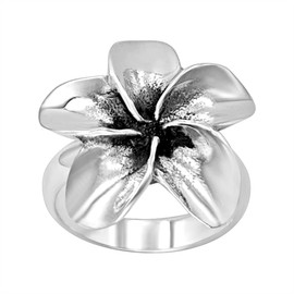 Silverly Sterling Silver Large Hawaiian Flower Ring - Statement 925 Silver Plumeria Rings for Women - Chunky Band Design - Bold Summer Jewellery - Retro Floral Cocktail Rings