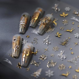 Christmas Nail Art Stickers 5D Embossed Gold Elk Nail Stickers Self-Adhesive Snowflake Bow Xmas Tree Rhinestone Star Elk Nail Decals for Women Girls Winter Holiday Manicure DIY Nail Supplies