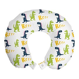 Ambesonne Dinosaur Party Travel Pillow Neck Rest, Happy Cartoon Dino Reptile Rrrr Text on Plain Pattern, Memory Foam Traveling Accessory for Airplane and Car, 12", Green Yellow