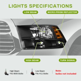 AUTOSAVER88 Headlights Assembly Compatible with 2009-2018 Dodge Ram 1500 2500 3500 Pickup / 2019-2022 Ram 1500 Classic Replacement Headlamp Black Housing (Only for Quad Models)