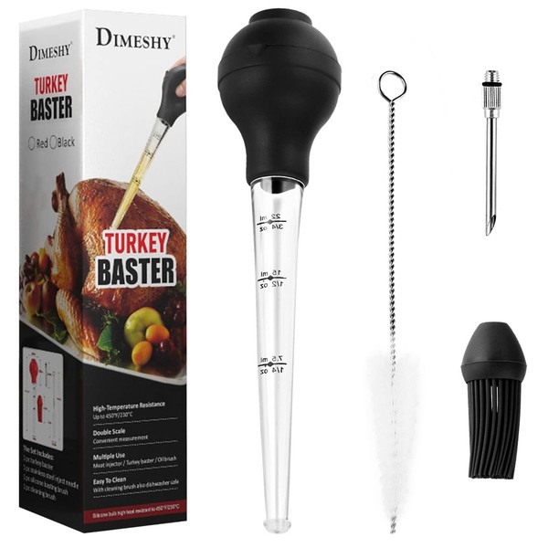 DIMESHY Turkey Baster Food Grade for Cooking & Basting, Detachable Round Bulb, Baster Cooking Good for Meat Poultry Beef Chicken, with Cleaning brush, inject needle, Basting brush