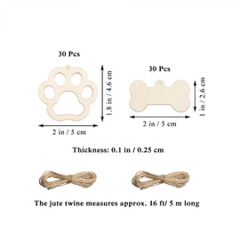 60pcs Mini Dog Bone Wood Crafts 2" Wooden Dog Paw Cutouts Unfinished Wood DIY Projects Hanging Ornaments with Jute Twines Wood Tags for Pets Party Decorations