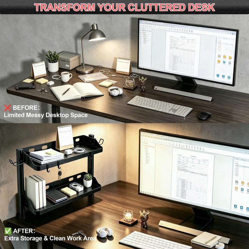 Clamp On Desk Shelf Organizer, 2-Tier Storage with Hooks