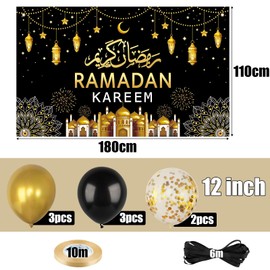 COLOFALLA 180 x 110 cm Ramadan Kareem Banner with 8 Balloons Ramadan Background Eid Mubarak Banner Ramadan Decoration Eid Mubarak Decoration Arabic Saying Banner Ramadan Islamic Decoration for Islamic