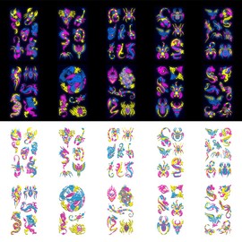 Neon Temporary Tattoo,10 Sheet Glow in the Dark UV Neon Body Face Skin Tattoo Flash Fake Dragon Insects Waterproof Tattoo Stickers for Men Boys Male Party Decorations Accessories