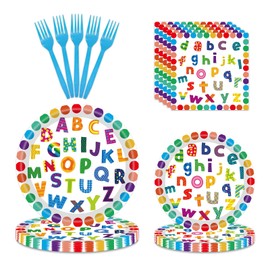 96 PCS Colorful Alphabet Party Decorations, Disposable ABC Letters Paper Plates Napkins Set School Classroom Educations Party Supplies for Kids Birthday Baby Shower Alphabet Games, Serves 24