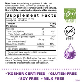 BlueBonnet Bluebonnet Bluebonnet Nutrition Liquid Calcium Citrate Magnesium Citrate, Vitamin D3, Bone Health, Gluten Free, Soy free, milk free, kosher, 32 Servings, Raspberry Flavor, 16 Fl Oz (Pack of 1)