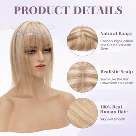 Charites Hair Toppers for Women Real Human Hair 16 Inch Long Straight Toppers for Women with Thinning 7 * 13CM Silk Base Clip in Hairpieces with Bangs (Golden Brown & Bleach Blonde)