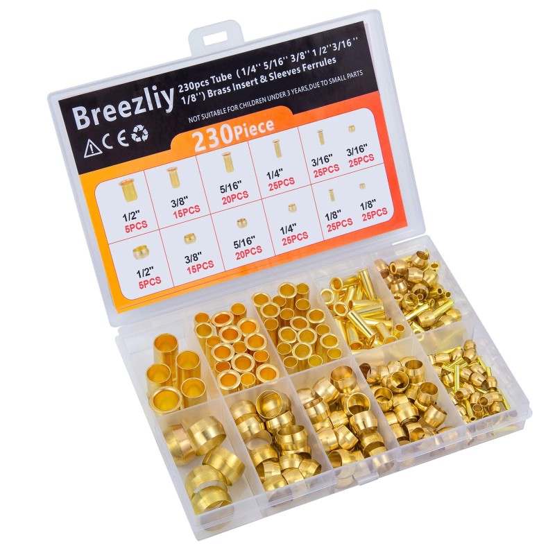 Breezliy Compression Fittings Kit 6 Sizes Brass Ferrules & Inserts