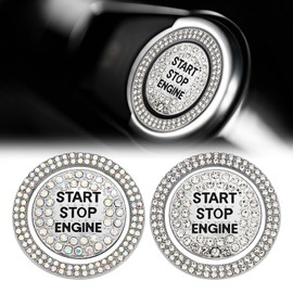2pcs Bling Car Push Start Button Cover Sticker, Sparkly Rhinestone Car Accessories Decorative Cover Anti-Scratch Key Ignition & Knob Ring Decoration Car Bling Accessories for Women(White+Colorful)