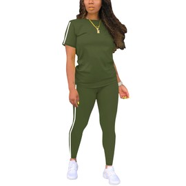 BNGPIKLY Lounge Sets for Women 2 Piece Summer Casual Colorblock Jogger Workout Short Tops Long Pants Leggings Set Green L