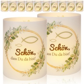 Radikor Lantern Table Decoration Confirmation Set of 12 Table Decoration Communion Boy Girl Lantern Schön dass du da bist, Lantern Christening, Confirmation Decoration Eucalyptus Green for Tea Lights,