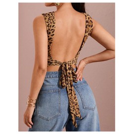 GORGLITTER Women's Leopard Print Tank Top Crewneck Cheetah Y2k Bow Knot Open Back Crop Tops Multicolor Medium