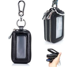 Guolich Car Key Chain Bag Double Zipper Leather Protection Key Coin Holder Keyring with Transparent Window for Car Key Remote Control (Black)
