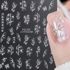 6 Sheets Bamboo Leaf Nail Art Stickers Gold Foil Black Leaf Nail Stickers Chinese Classical Elements 3D Self-Adhesive Nail Design Decals for Women DIY Spring Nail Art Decoration Supplies