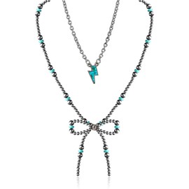 BSRGUDE Navajo Pearl Bow Necklace Western Turquoise Necklace with Lightning Cow Tag-Heart-Bar-Cross Pendant Gifts Jewelry for Women Cowgirl (C-Navajo Bow+Lightning)