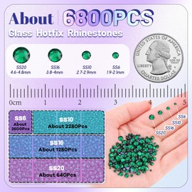 6800Pcs Hotfix Rhinestones for Clothing, Emerald Green 2-5mm Mixed Sizes Iron On Flatback Glass Gems, Bedazzling Crystals Rhinestones for Crafting Hats Shoes Fabric Decor Nail Art