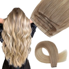 ABH AMAZINGBEAUTY HAIR Real Hair Genius Weft Extensions, Real Hair, Sew-in Weft Hair Wefts, Real Hair Wefts for Sewing, Virgin Hair, 50 g, #B8/18/60 Balayage Blonde Highlighted Brown, 40 cm