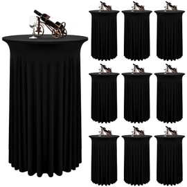 REWOMC 10 Packs Round Cocktail Table Skirt 24"x 43" Spandex Stretch Cocktail Tablecloth with Wavy Drapes, Black Spandex Fitted High Top Table Covers for Wedding Bar Party Birthday Banquet Table