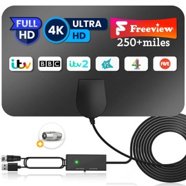 2024 Newest TV Aerial, Indoor TV Aerial with Strong Signal Booster 250+ Miles Range Reception, Freeview Aerial for Local Channels, TV Antenna Support 4K 1080P HDTV with 16.4ft Coax Cable