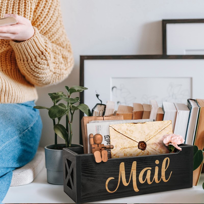 Mail Organizer Mail Holder Countertop, Rustic Wooden Mail Basket Mail