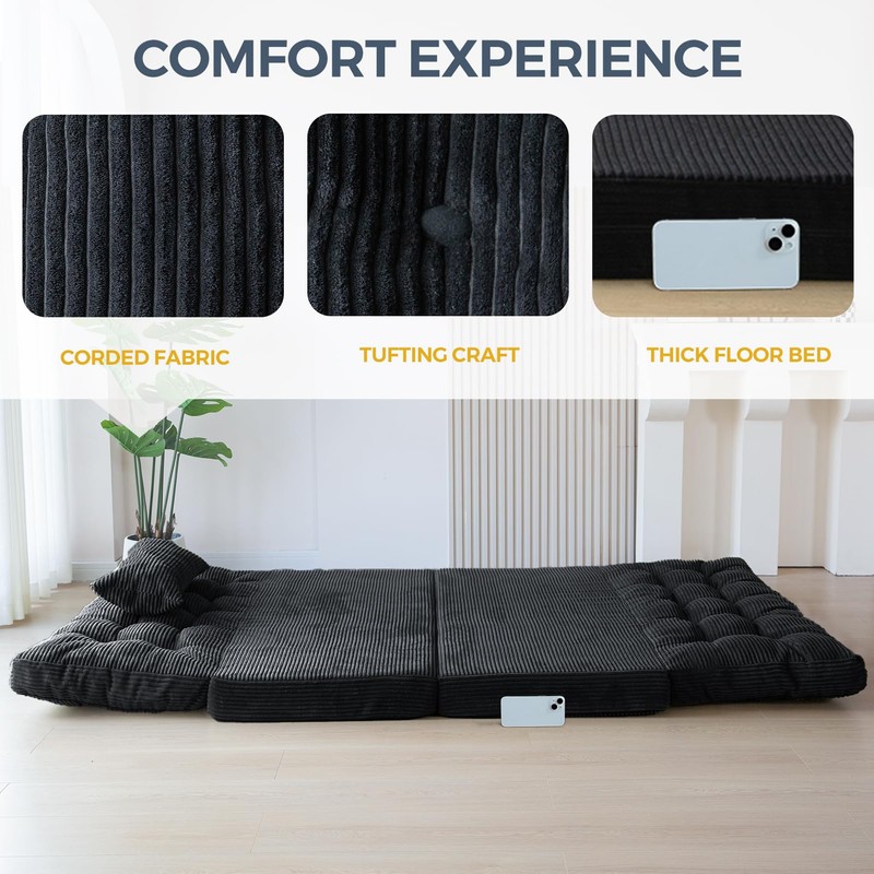 MAXYOYO Folding Sofa Bed, Tufted Bean Bag Bed with Pillows